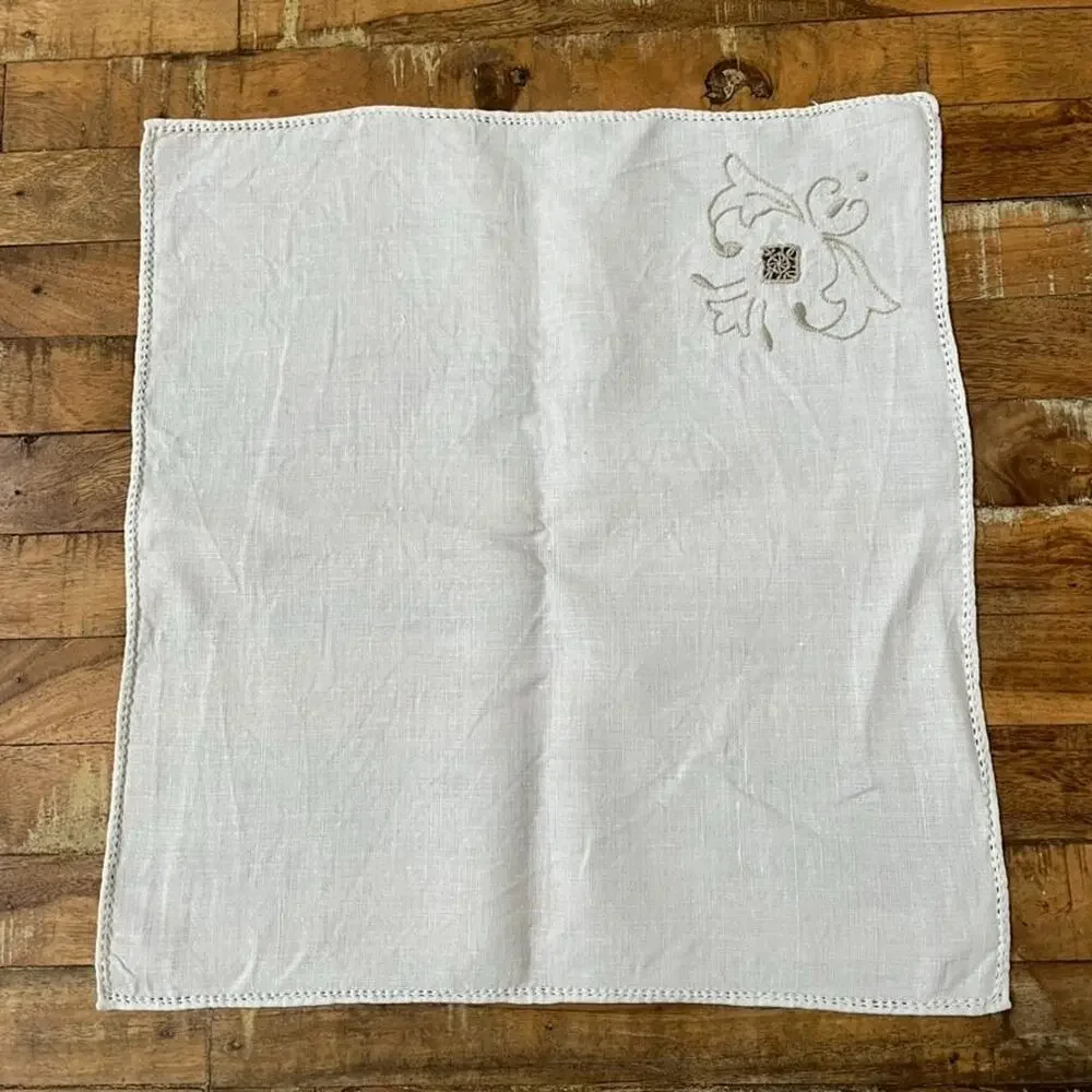 Vtg 1 Tablecloth & 10 Napkins Off-white Linen Taupe Embroidered Openwork Madeira